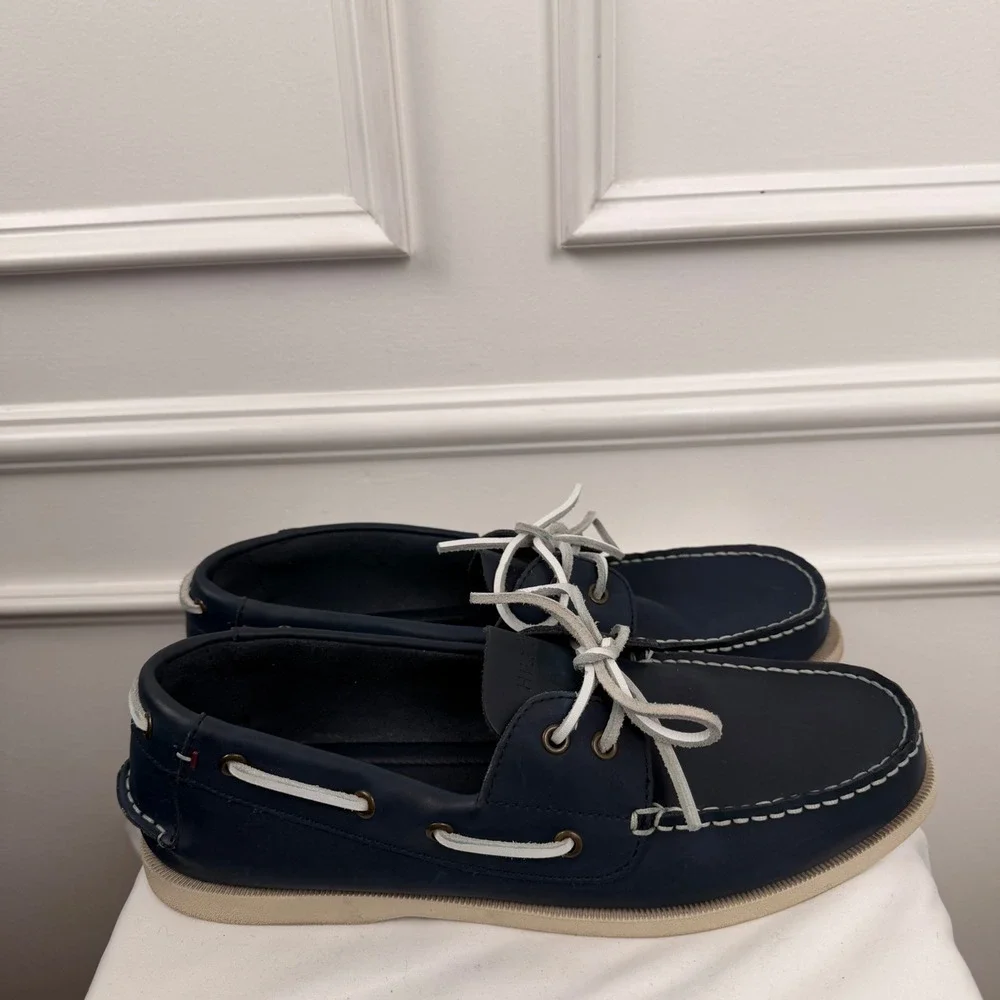 Tommy Hilfiger Mens TMBOWMAN Navy Blue Leather Boat Shoes Nautical Loafers 12